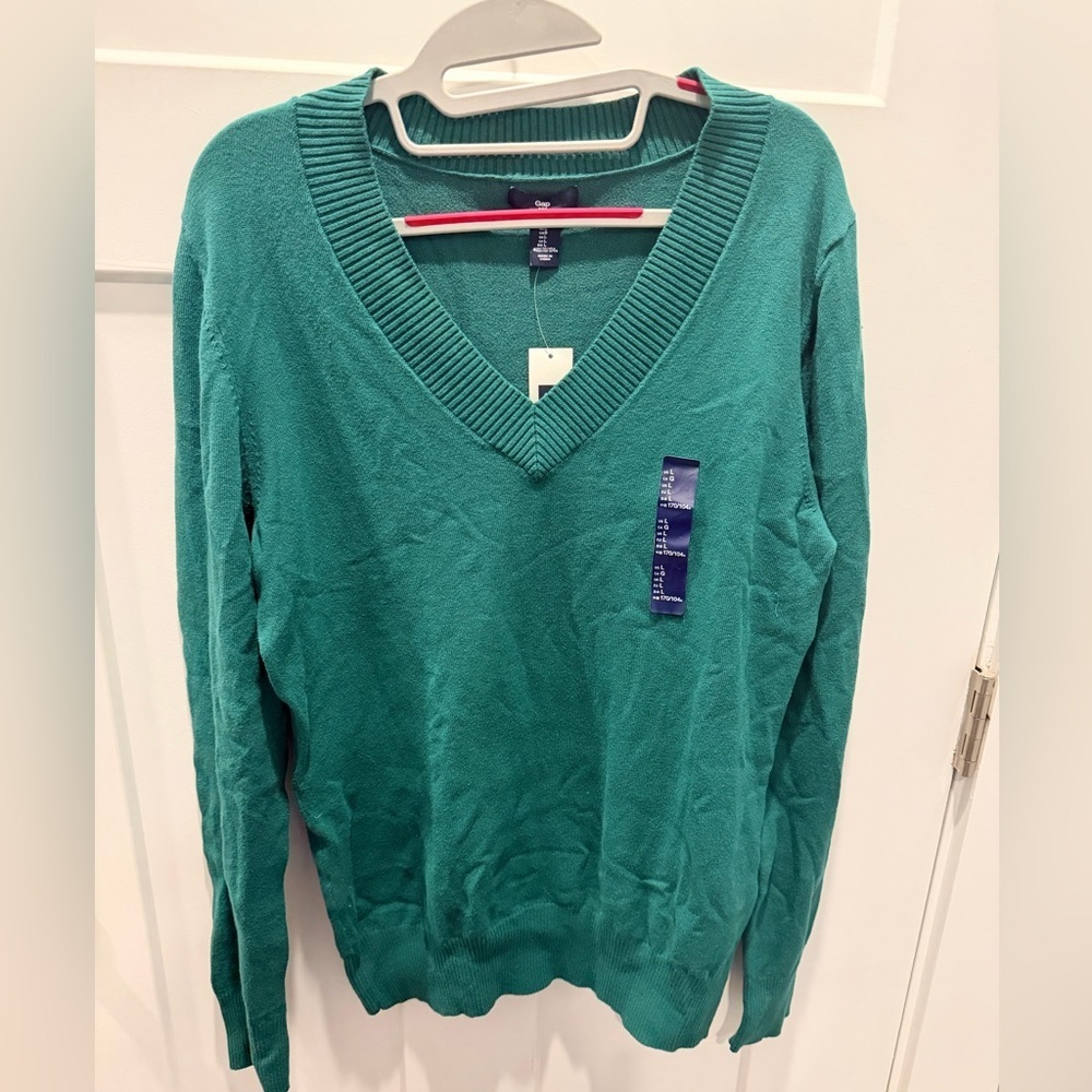 Gap Women’s V-Neck Sweater Green Teal Long Sleeve Classic Knit NWT Size L